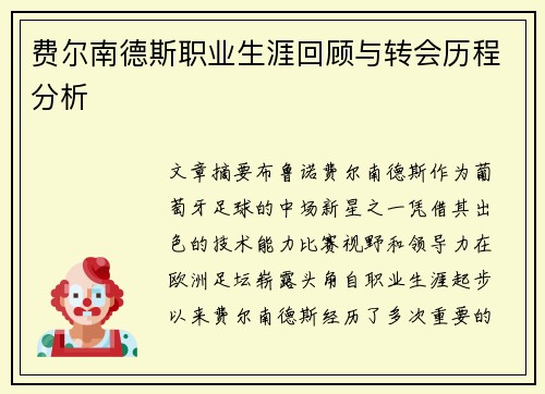 费尔南德斯职业生涯回顾与转会历程分析 费尔南德斯职业生涯回顾与转会历程分析